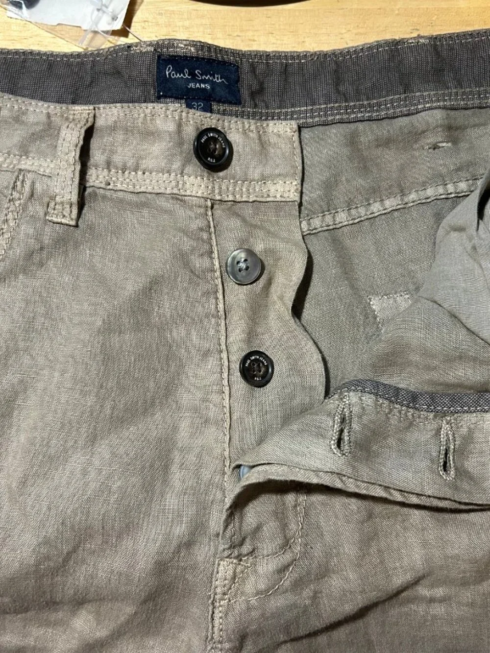 NWT Mens Paul Smith Jeans Olive (Item- 112) Pure Linen Button-Fly Pant 32